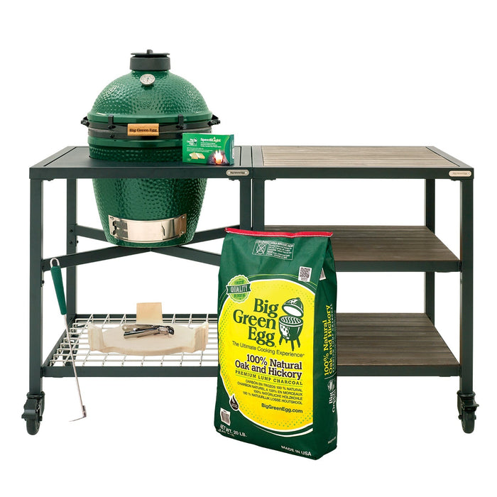 Medium Big Green Egg + Modular Nest + Expansion Package - (3) Acacia or (3) Distressed Acacia - Smoker Guru
