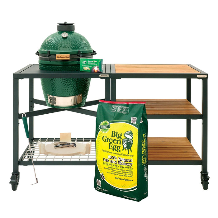 Medium Big Green Egg + Modular Nest + Expansion Package - (3) Acacia or (3) Distressed Acacia - Smoker Guru