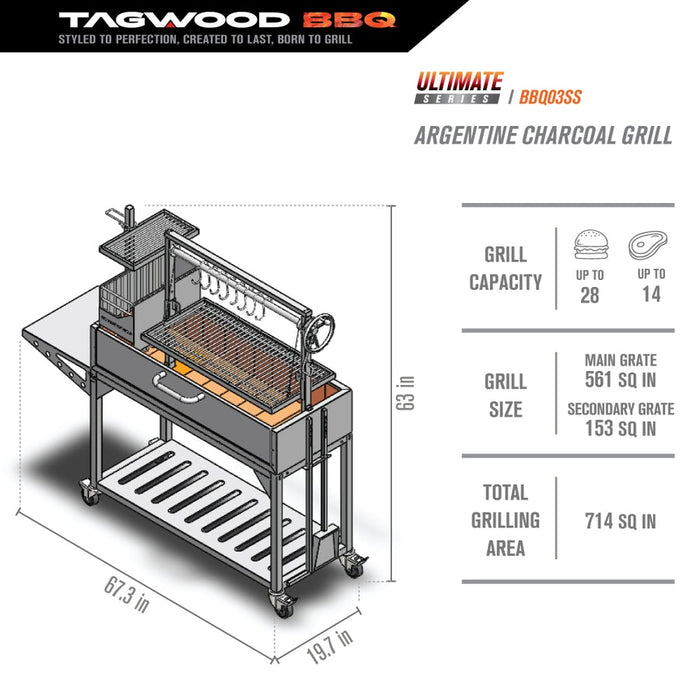 Tagwood BBQ Argentine Santa Maria Wood Fire & Charcoal Gaucho Grill | BBQ03SI Fully Assembled