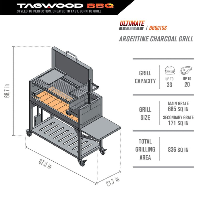 Tagwood BBQ Argentine Santa Maria Wood Fire & Charcoal Grill with Top Lid - BBQ01SS - Smoker Guru